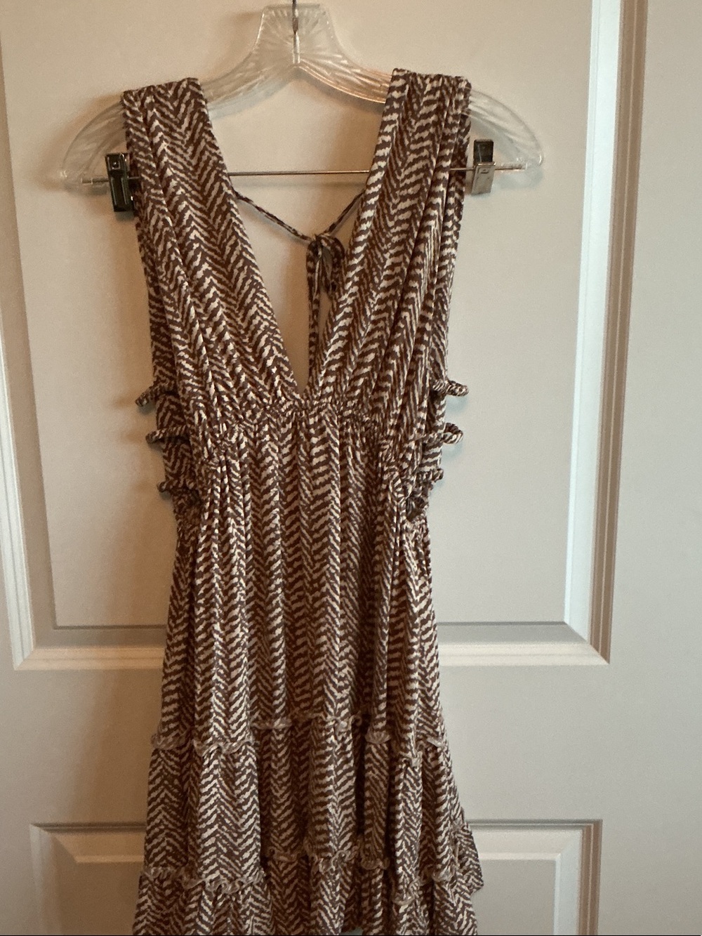 Backless Brown Chevron Tiered Mini Dress with V-Neck